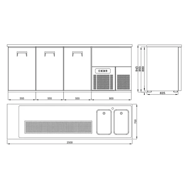 Bierkoeler | PRO LINE | RVS | 3 Deuren Links + 2 Spoelbakken Rechts | 230V | 2500x700x1050(h)mm