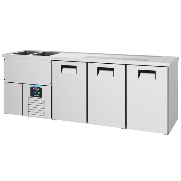 Vatenkoeler | PRO LINE | RVS | 3 Deuren | -2°C/+8°C | Geforceerd | 2 Spoelbakken (Links) | 2500x700x950(h)mm