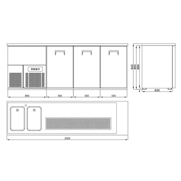 Bierkoeler | PRO LINE | RVS | 3 Deuren Rechts + 2 Spoelbakken Rechts | 230V | 2500x700x1050(h)mm