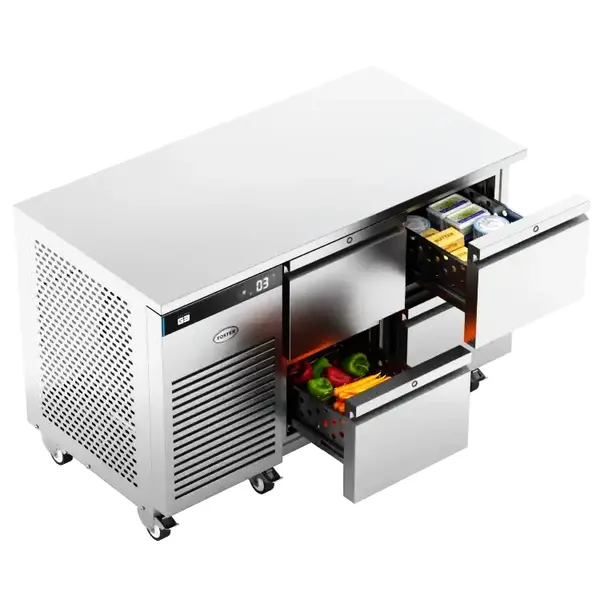 Koelwerkbank | EcoPro | Energiezuinig | 280L | 4 Laden (1/1 GN) | +1°C/+4°C | Geforceerd | Touchscreen | Wielen (Geremd) | 1365x700x865(h)mm