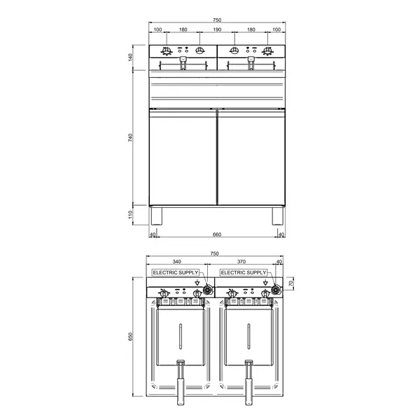 Friteuse | Elektrisch | 14+14L | 100°C/190°C | 18kW (2x 400V) | Aftapkranen | 750x655x845(h)mm