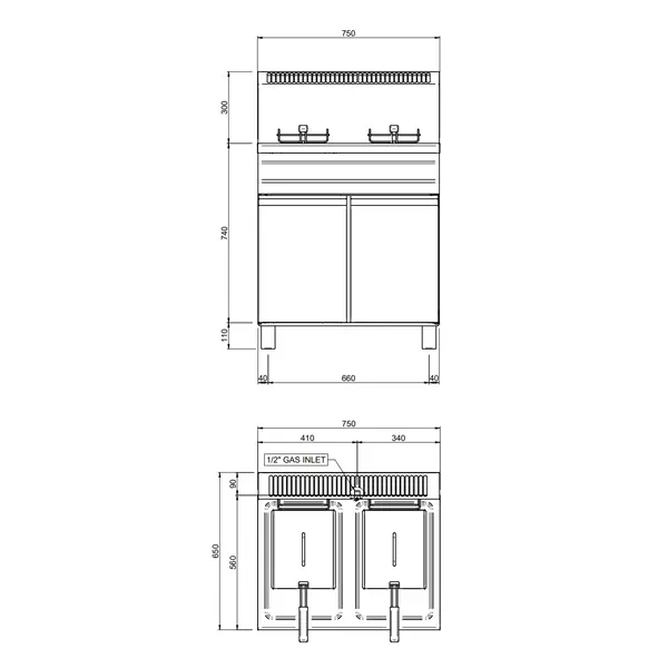 Friteuse | Gas | 14+14L | 110°C/190°C | 26kW | Aftapkranen | Piëzo Ontsteking | 750x650x845/1100(h)mm