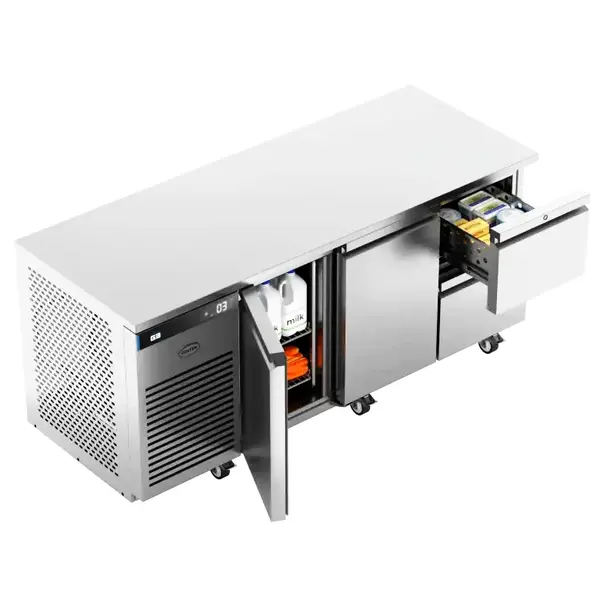 Koelwerkbank | EcoPro | Energiezuinig | 435L | 2 Deuren + 2 Laden (1/1 GN) | +1°C/+4°C | Geforceerd | Touchscreen | Wielen (Geremd) | 1815x700x865(h)mm