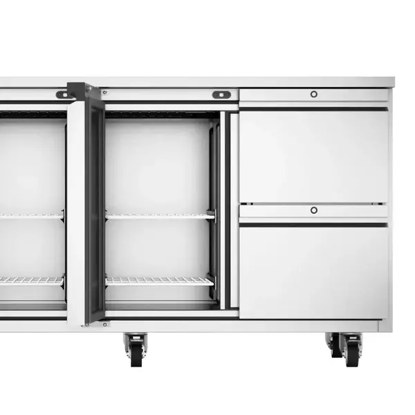 Koelwerkbank | EcoPro | Energiezuinig | 435L | 2 Deuren + 2 Laden (1/1 GN) | +1°C/+4°C | Geforceerd | Touchscreen | Wielen (Geremd) | 1815x700x865(h)mm