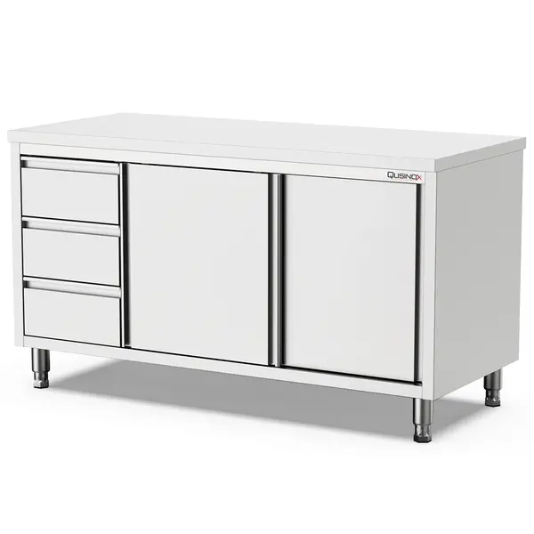 Werkbank | 600 LINE | RVS | Schuifdeuren + Laden (Links) | Diepte 600 | Hoogte 900 | Breedte 1400-2000
