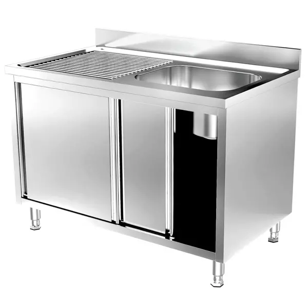Spoeltafel | 700 LINE | RVS | 1 Spoelbak (Rechts) + Afdruipvlak | Schuifdeuren | Achteropstand | 1200x700x900/1000(h)mm