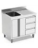 Qusinox Spoeltafel | 700 LINE | RVS | 1 Spoelbak (Links) + Afdruipvlak | Draaideuren + Laden | Achteropstand | 1200x700x900/1000(h)mm 