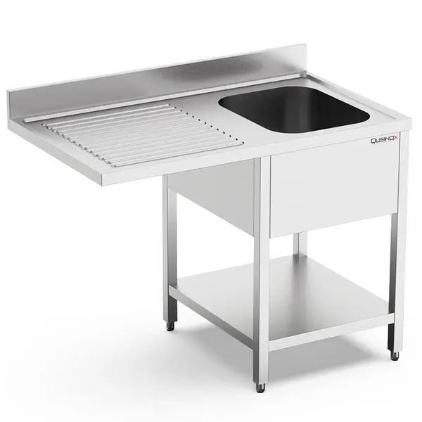 Spoeltafel | 700 LINE | RVS | 1 Spoelbak (Rechts) + Afdruipvlak | Bodemschap + Voorlader | Achteropstand | Demontabel | 1400x700x900/1000(h)mm