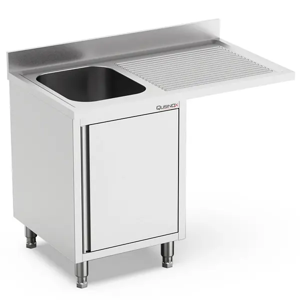 Spoeltafel | 700 LINE | RVS | 1 Spoelbak (Links) + Afdruipvlak | Draaideur + Voorlader | Achteropstand | 1200x700x900/1000(h)mm