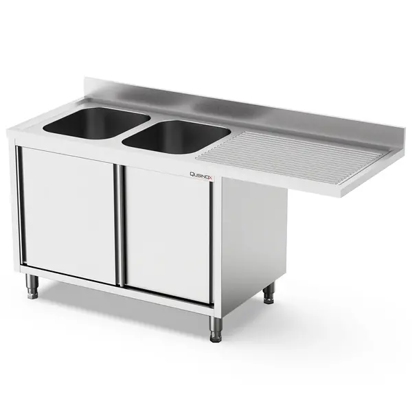 Spoeltafel | 700 LINE | RVS | 2 Spoelbakken (Links) + Afdruipvlak | Schuifdeuren + Voorlader | Achteropstand | 1600x700x900/1000(h)mm