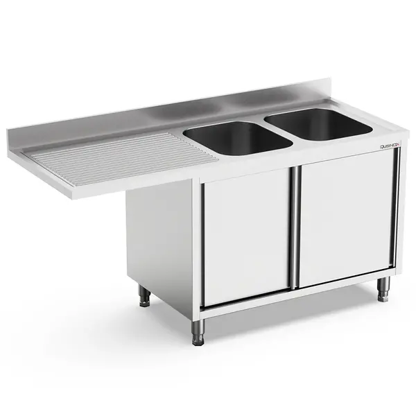 Spoeltafel | 700 LINE | RVS | 2 Spoelbakken (Rechts) + Afdruipvlak | Schuifdeuren + Voorlader | Achteropstand | 1800x700x900/1000(h)mm