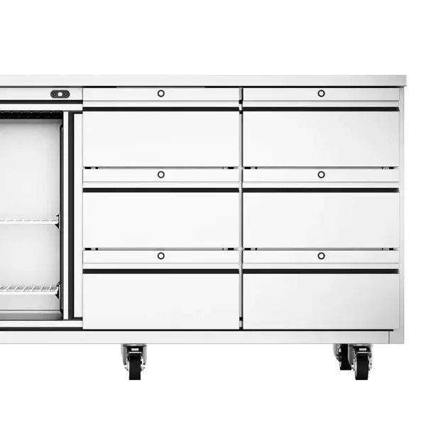Koelwerkbank | EcoPro | Energiezuinig | 435L | 1 Deur + 6 Laden (1/1 GN) | +1°C/+4°C | Geforceerd | Touchscreen | Wielen (Geremd) | 1815x700x865(h)mm
