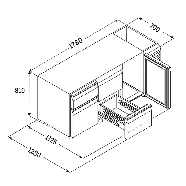 Koelwerkbank | PERFORMANCE | 440L | 8 Laden (1/1 GN) | -2°C/+8°C | Geforceerd | Temperatuuralarm | Zonder Werkblad | 1780x680x810(h)mm