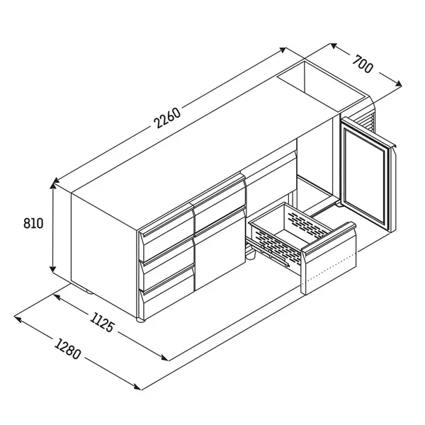 Koelwerkbank | PERFORMANCE | 599L | 1 Deur + 6 Laden (1/1 GN) | -2°C/+8°C | Geforceerd | Temperatuuralarm | Zonder Werkblad | 2260x680x810(h)mm