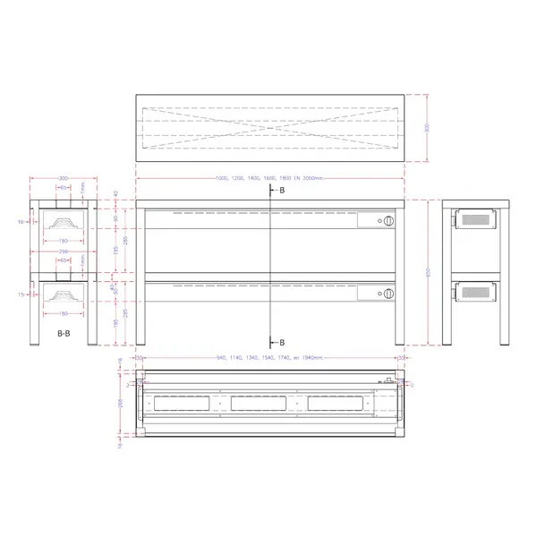 Etagère/Warmtebrug | RVS | 2 Niveaus | Verwarmd (Keramisch) | 1.5kW (230V) | 1000x300x650(h)mm