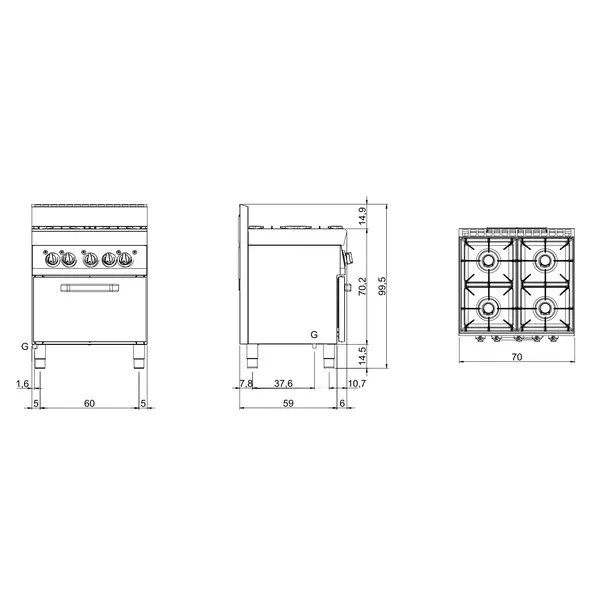 Fornuis + Oven | FUN 650 | Gas | 4 Branders (2x 3.6kW + 2x 5kW) + Oven (5kW) | Piëzo Ontsteking | 700x650x846/995(h)mm