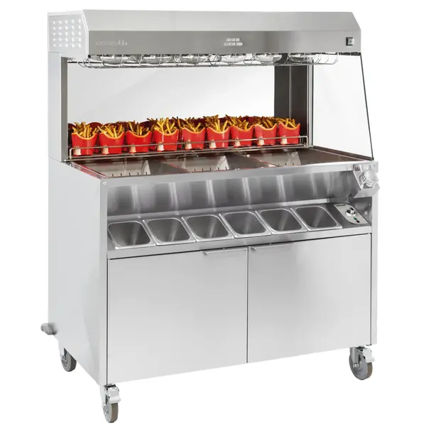 Frietwarmhoud-/Zoutstation | RVS | 50°C/90°C | Onder-/Bovenverwarming | 6x 1/6 GN | 2.7kW (230V) | Wielen (Geremd) | 1200x725x1600(h)mm