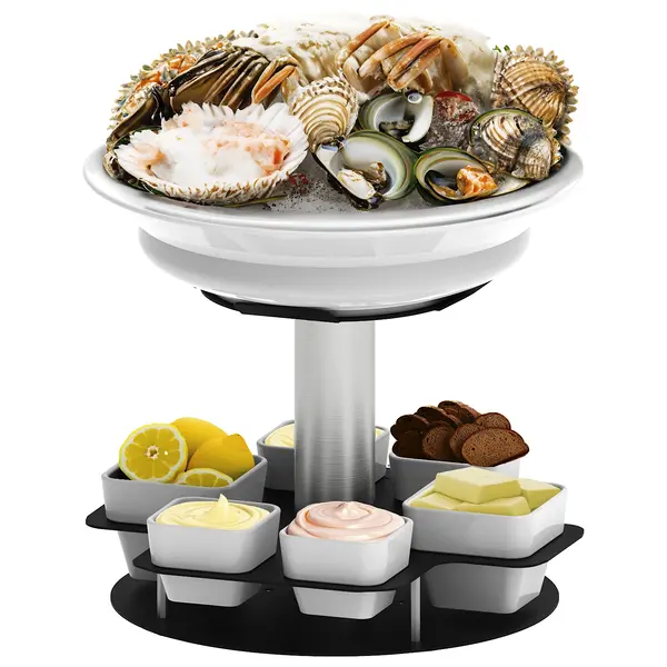 Zeevruchtendisplay | RVS/Zwart | Roterende Basis | Incl. Kom (Ø395) + 6 Schaaltjes (90x90/110x110) | Ø395x390(h)mm