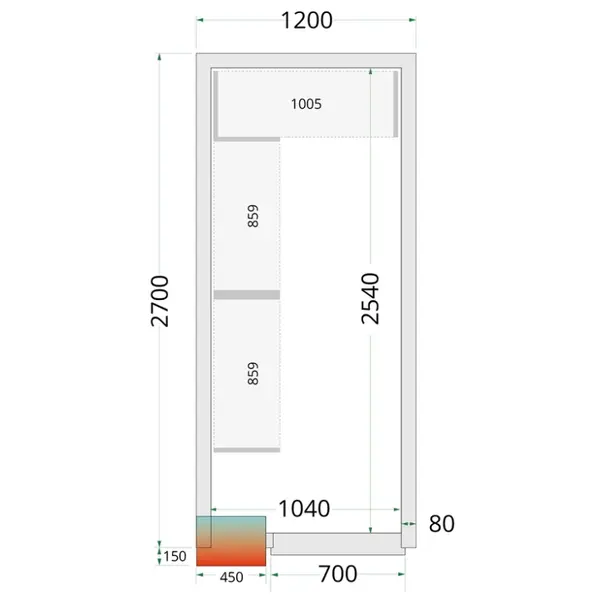 Koel-/Vriescel | CR-SERIE | 5.39m³ | Isolatie 80mm | 1200x2700x2200(h)mm