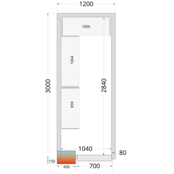 Koel-/Vriescel | CR-SERIE | 6.03m³ | Isolatie 80mm | 1200x3000x2200(h)mm