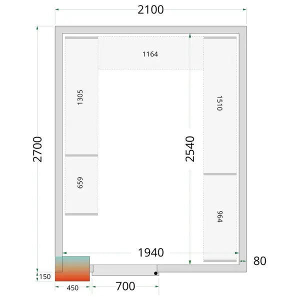 Koel-/Vriescel | CR-SERIE | 10.05m³ | Isolatie 80mm | 2100x2700x2200(h)mm