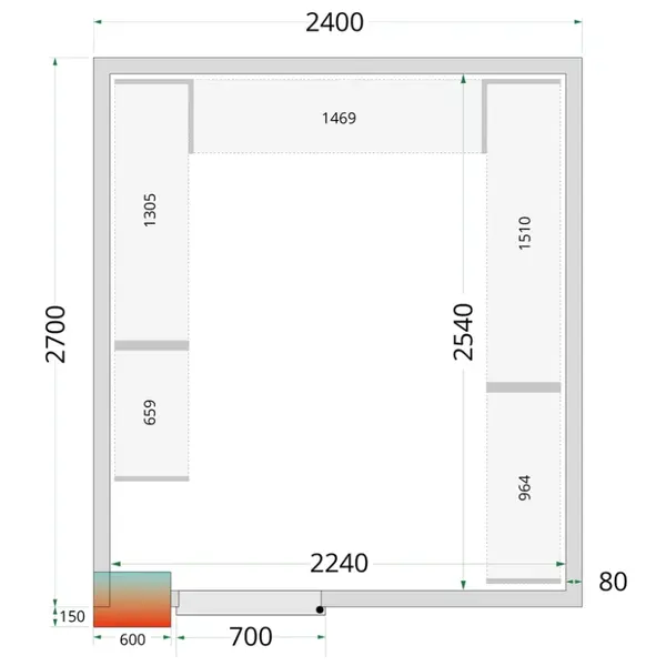 Koel-/Vriescel | CR-SERIE | 11.6m³ | Isolatie 80mm | 2400x2700x2200(h)mm