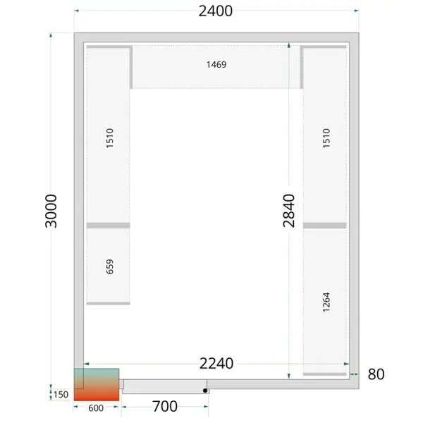 Koel-/Vriescel | CR-SERIE | 12.98m³ | Isolatie 80mm | 2400x3000x2200(h)mm