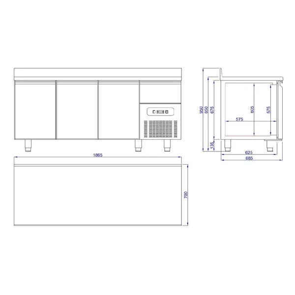 Koelwerkbank | 474L | 3 Deuren (1/1 GN) + 1 Lade | -2°C/+8°C | Geventileerd | 0.51kW | Achteropstand | 1865x700x850/950(h)mm