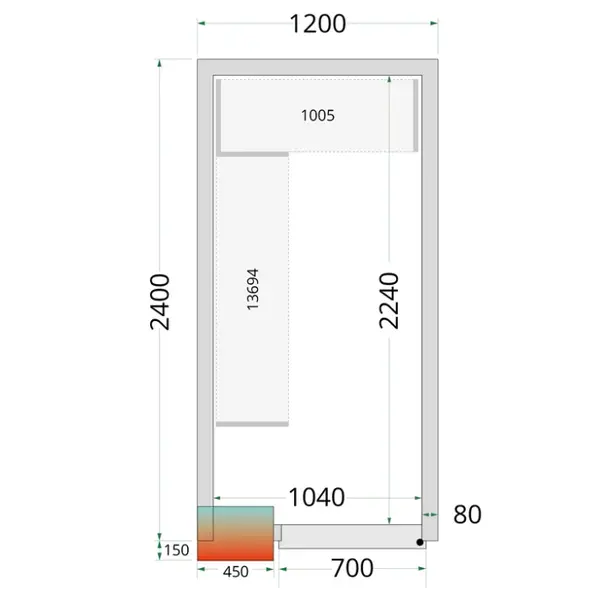 Koel-/Vriescel | CR-SERIE | 4.75m³ | Zonder Vloer | Isolatie 80mm | 1200x2400x2120(h)mm