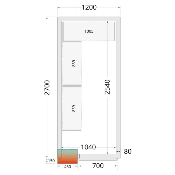 Koel-/Vriescel | CR-SERIE | 5.39m³ | Zonder Vloer | Isolatie 80mm | 1200x2700x2120(h)mm