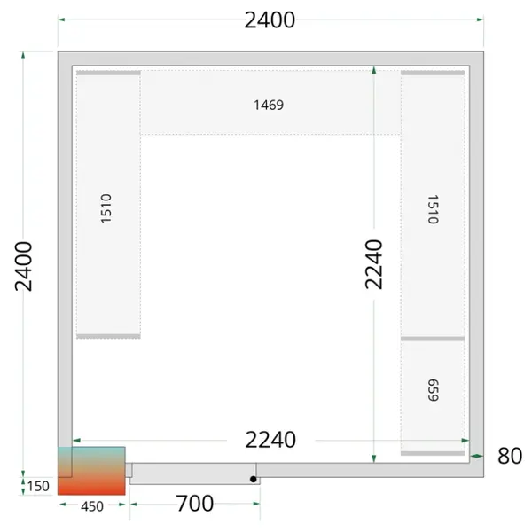 Koel-/Vriescel | CR-SERIE | 10.24m³ | Zonder Vloer | Isolatie 80mm | 2400x2400x2120(h)mm