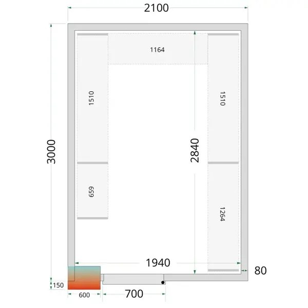 Koel-/Vriescel | CR-SERIE | 11.24m³ | Zonder Vloer | Isolatie 80mm | 2100x3000x2120(h)mm