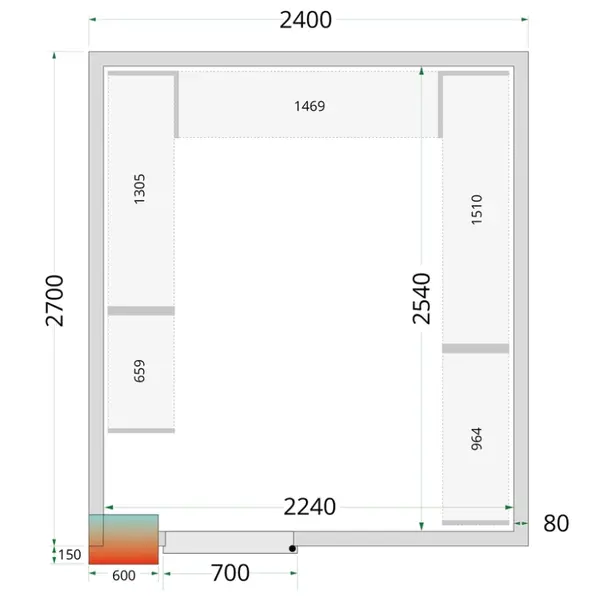 Koel-/Vriescel | CR-SERIE | 11.6m³ | Zonder Vloer | Isolatie 80mm | 2400x2700x2120(h)mm