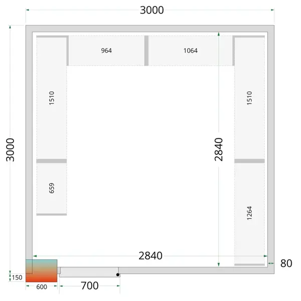 Koel-/Vriescel | CR-SERIE | 16.45m³ | Zonder Vloer | Isolatie 80mm | 3000x3000x2120(h)mm