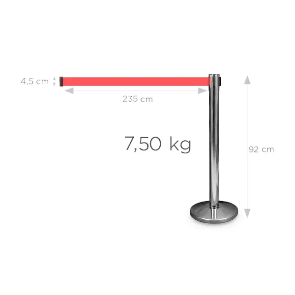 Afzetpaal | PREMIUM | Verchroomd | Incl. Afzetlint (Rood) | Lintlengte 225cm | 920(h)mm