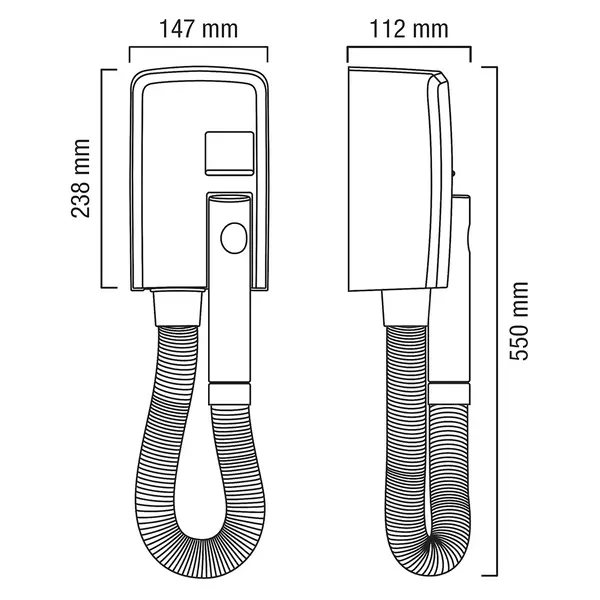 Hotelföhn | HOTELLO | Kunststof | 1 Snelheid | Uittrekbare Slang (120cm) | 1.2kW (230V) | Wandmontage | 147x112x238/550(h)mm