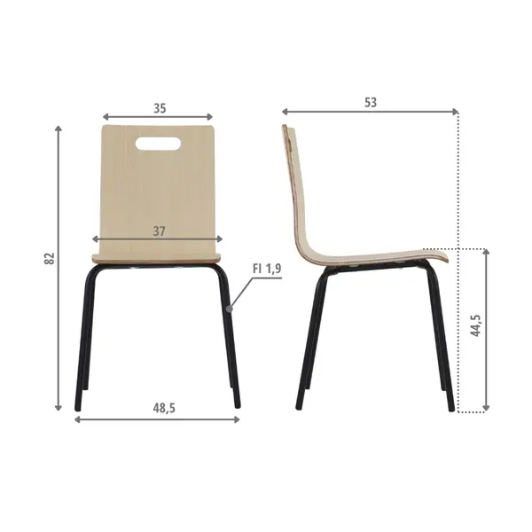 Stoel | DANNE | Houtlook (Naturel) | Zwarte Poten | 485x530x820(h)mm