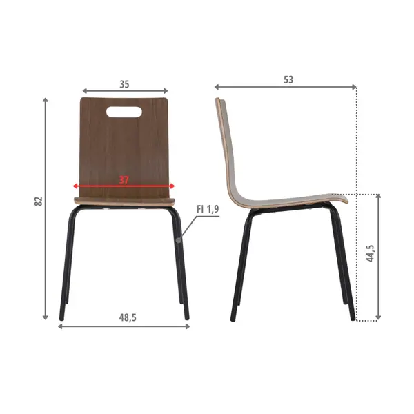 Stoel | DANNE | Houtlook (Walnoot) | Zwarte Poten | 485x530x820(h)mm