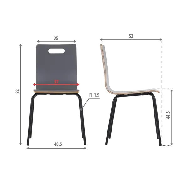 Stoel | DANNE | Grijs | Zwarte Poten | 485x530x820(h)mm