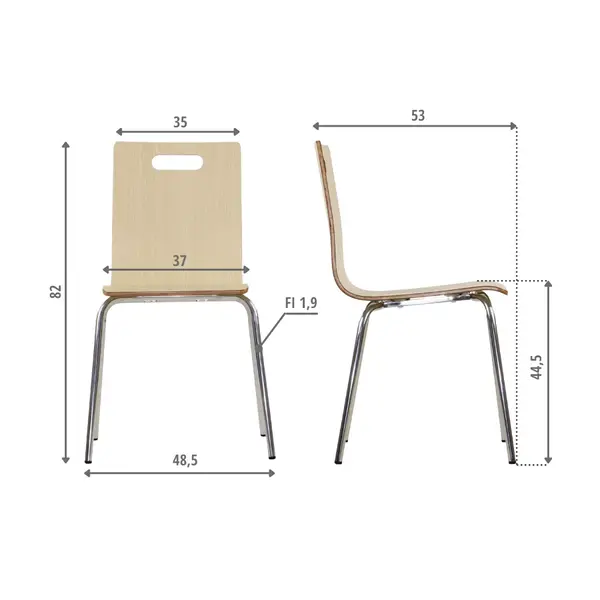 Stoel | DANNE | Houtlook (Naturel) | RVS Poten | 485x530x820(h)mm