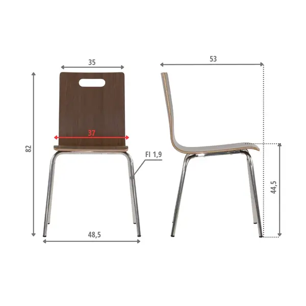 Stoel | DANNE | Houtlook (Walnoot) | RVS Poten | 485x530x820(h)mm