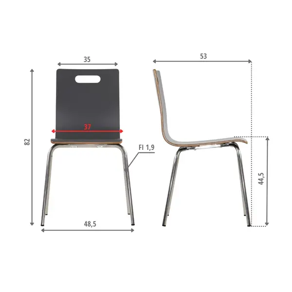Stoel | DANNE | Grijs | RVS Poten | 485x530x820(h)mm