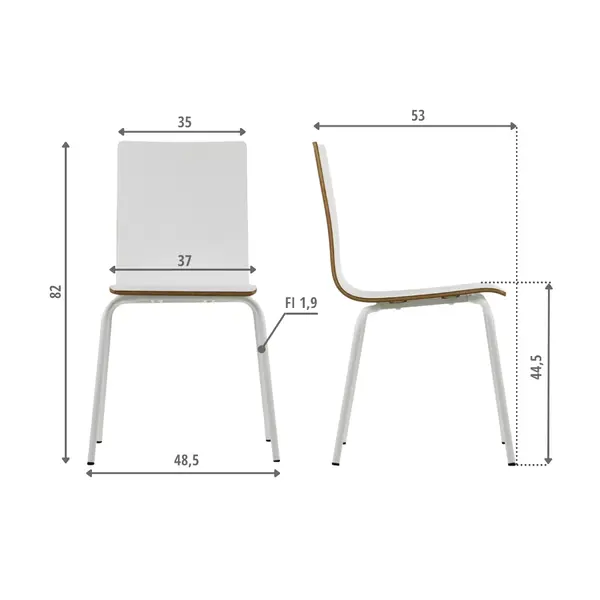 Stoel | DANIS | Wit | Witte Poten | 485x530x820(h)mm