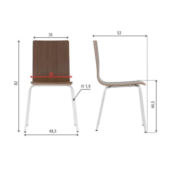 Stoel | DANIS | Houtlook (Walnoot) | Witte Poten | 485x530x820(h)mm