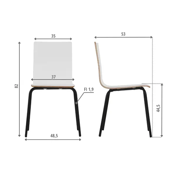 Stoel | DANIS | Wit | Zwarte Poten | 485x530x820(h)mm