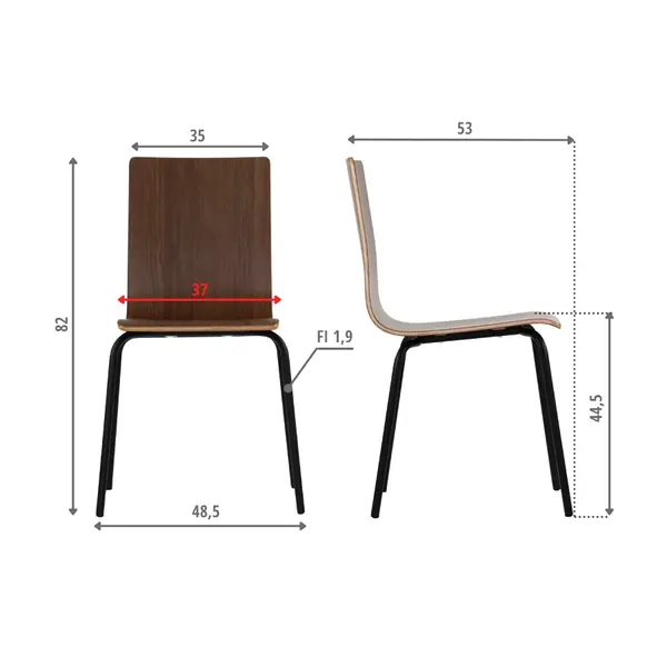 Stoel | DANIS | Houtlook (Walnoot) | Zwarte Poten | 485x530x820(h)mm