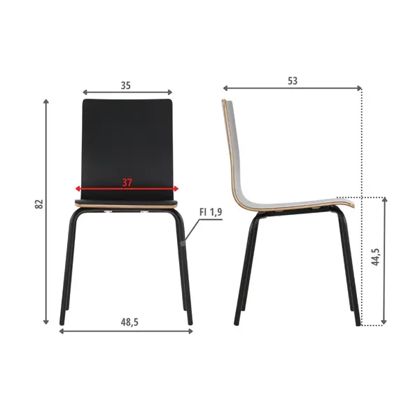 Stoel | DANIS | Zwart | Zwarte Poten | 485x530x820(h)mm