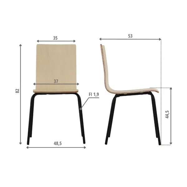 Stoel | DANIS | Houtlook (Naturel) | Zwarte Poten | 485x530x820(h)mm