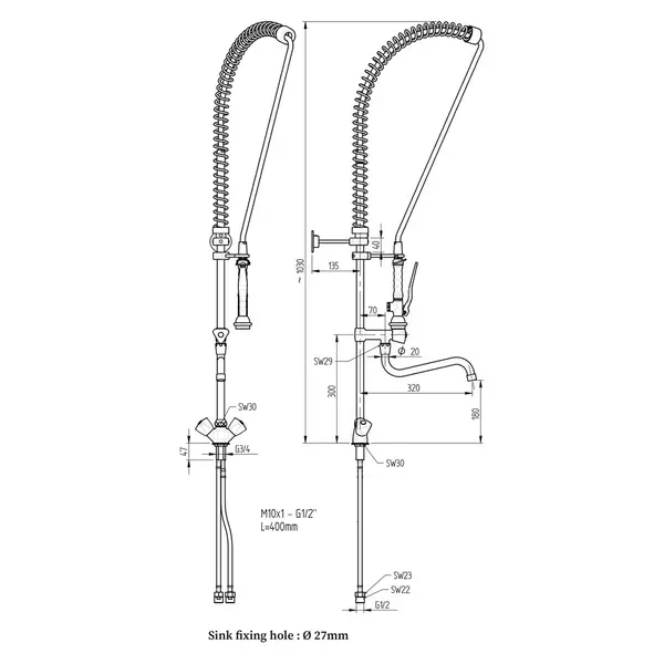 Sproeier + Kraan | Monokraan | 350(l)x1100(h)mm