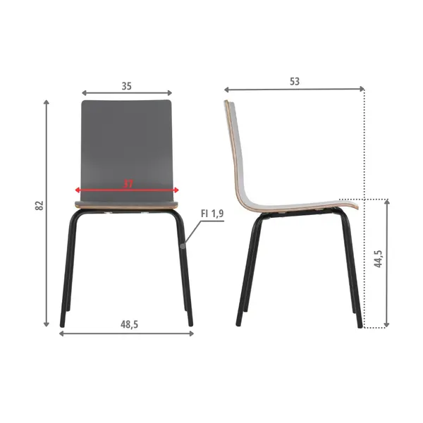 Stoel | DANIS | Grijs | Zwarte Poten | 485x530x820(h)mm